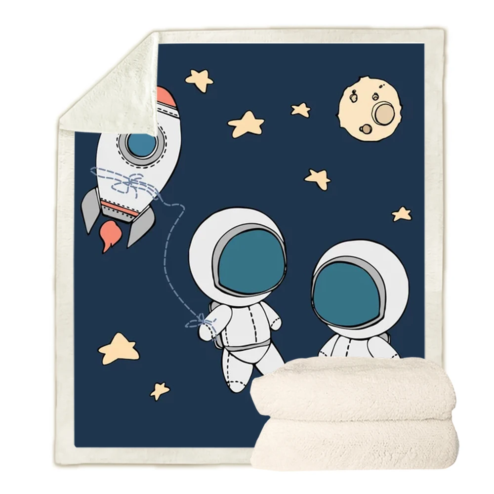 HX Funny Children's Blankets Rocket Astronaut 3D Graphic Double Layer Blanket Throw Keep Warm Quilt Dropshipping