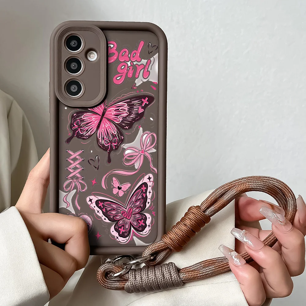 Pink Butterfly Lanyard Case for Samsung A55 35 25 54 34 24 14 73 53 33 23 51 31 72 52 32 22 13 12 Wrist Chain Hang Strap Cover