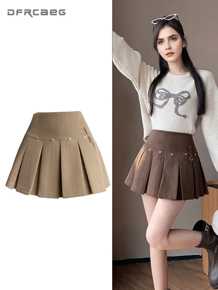 

Осень-зима, вельветовая плиссированная короткая юбка в стиле ретро для женщин, сексуальные школьные мини-юбки с высокой талией y2K Kawaii, женские мини-юбки