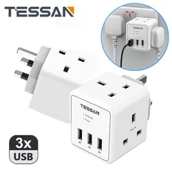 TESSAN UK Double Plug Adapter with 2 Way Sockets 3 USB Ports Surge Protection 13A Cube Multi Plug Extension Wall Socket for Home