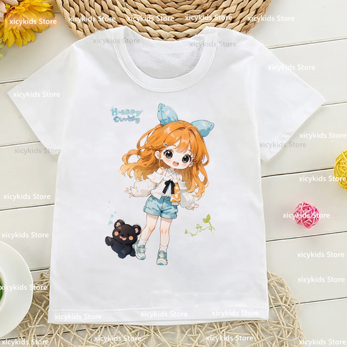 Fashionab-camiseta de manga curta para meninas, anime Magic Girl Cartoon Print, blusa com gola O infantil, tendência casual, fofo, novo