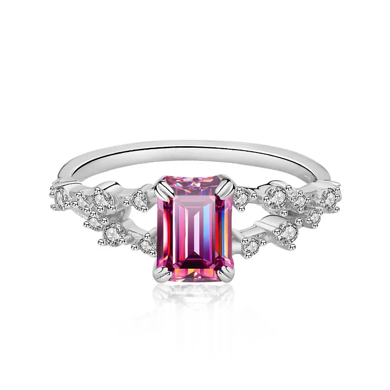 Butterflykiss 1CT 6*8MM Pink Rectangular Moissanite Ring Passes Diamond Test 100% S925 Sterling Silver Girl Jewelry Wedding Gift