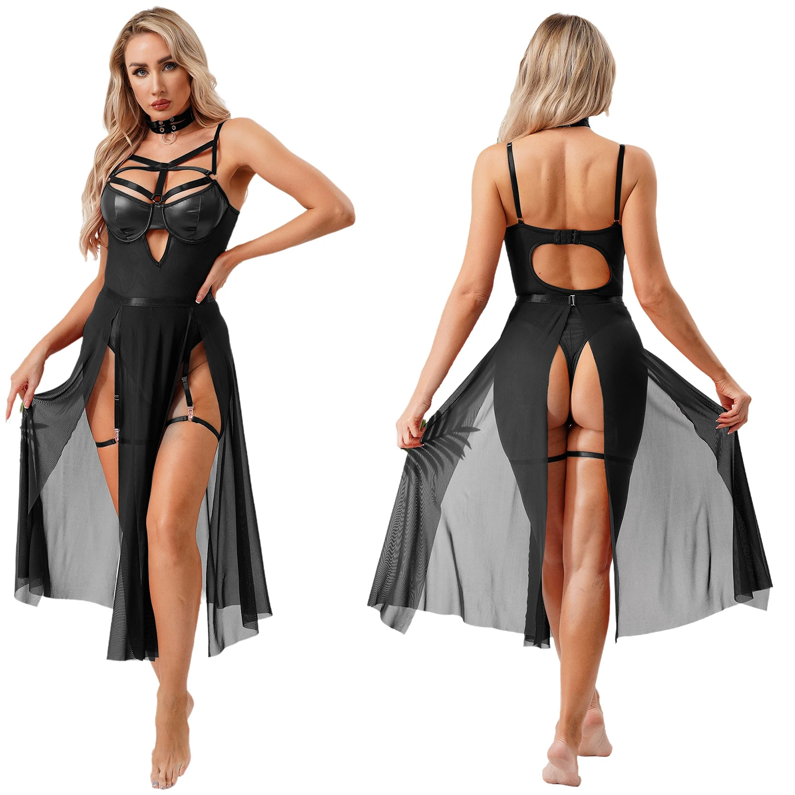 

Women Adult Exotic Back Hollow Out Nightdress Sissy Pu Bra Bodysuit with Slit Maxi Skirt Choker And Thigh Bands Tempting Outfits