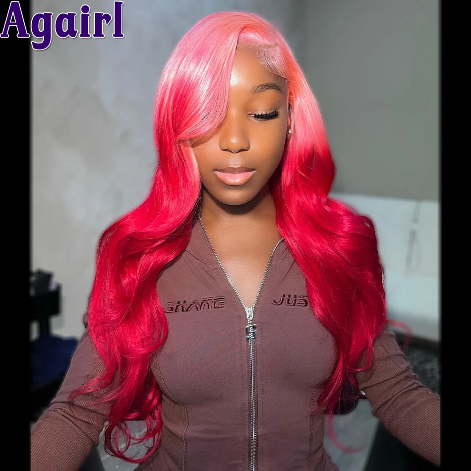 Ombre merah muda merah 13X6 renda tubuh depan Wig gelombang 100% rambut manusia transparan 13x4 Wig renda Frontal kepadatan 200 prepked untuk wanita