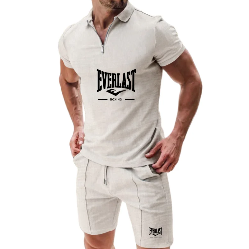 

Men's short-sleeved polo shirt set. Both the top and the shorts are available in printed designs as well as solid color options.