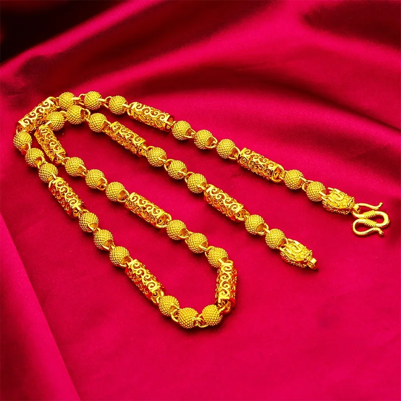 9999 24K pure gold men's cylindrical round bead chain pure gold round bead hollow gold necklace jewelry