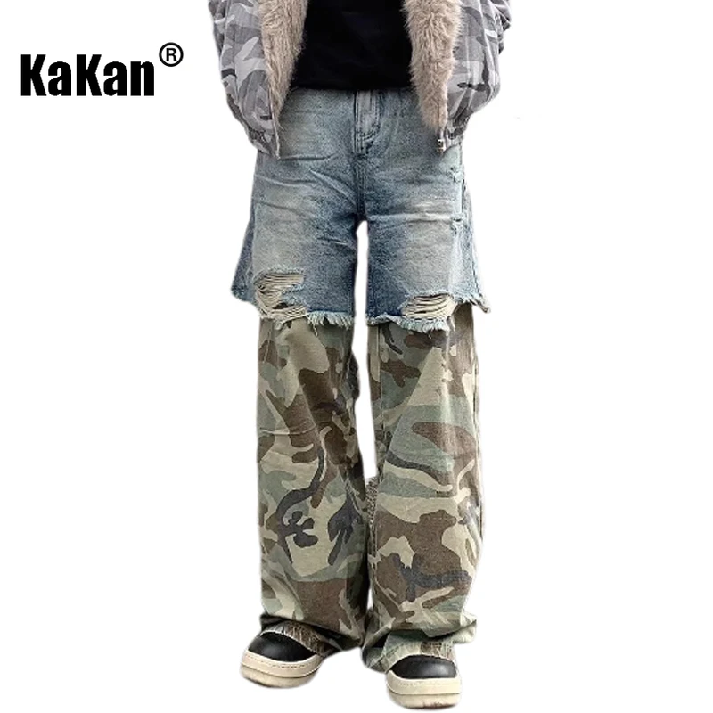 Kakan - New Men's Splicing Camouflage Jeans, y2k Men's Pants High Street Niche Wash Loose Wide Leg Long Jeans jeans man brand