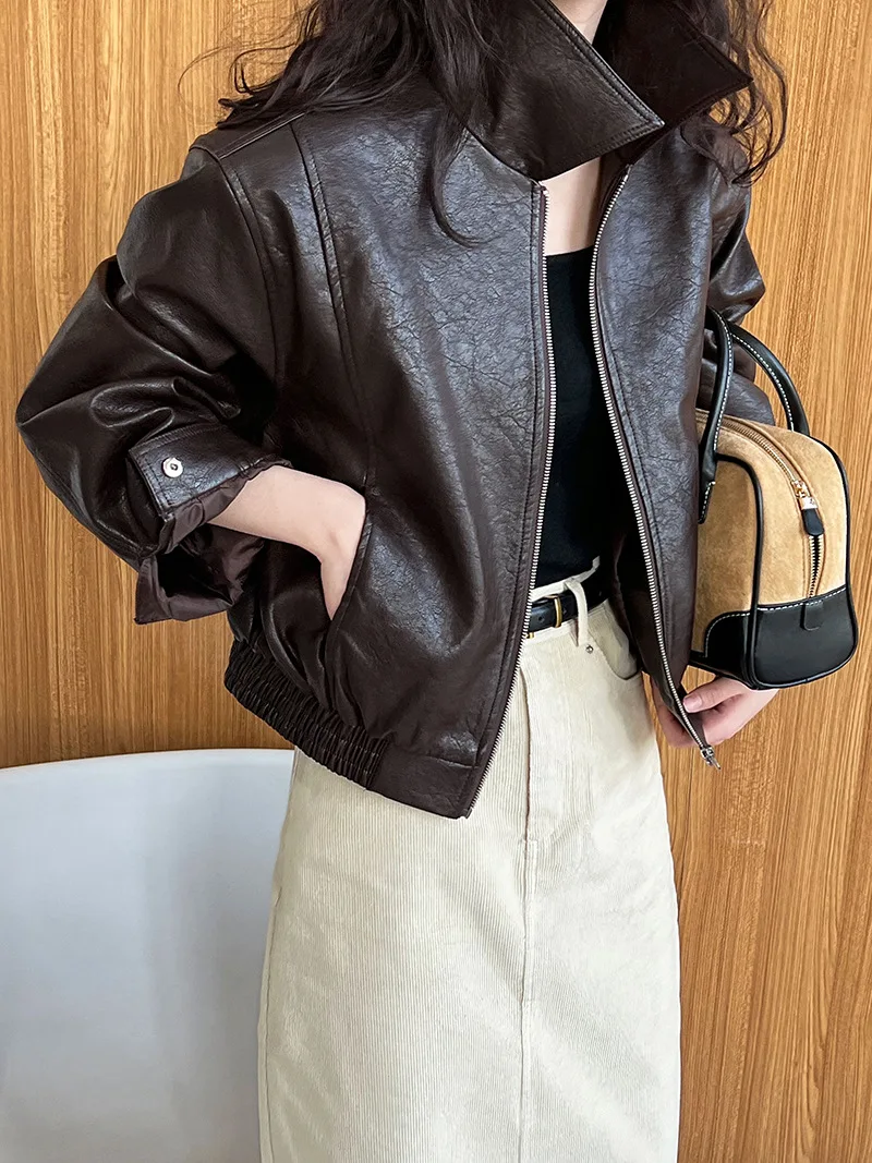 American Vintage PU Leather Jacket Women Turn-down Collar Zipper Long Sleeve Coat Korean Chic Simple All-match Autumn Winter Top