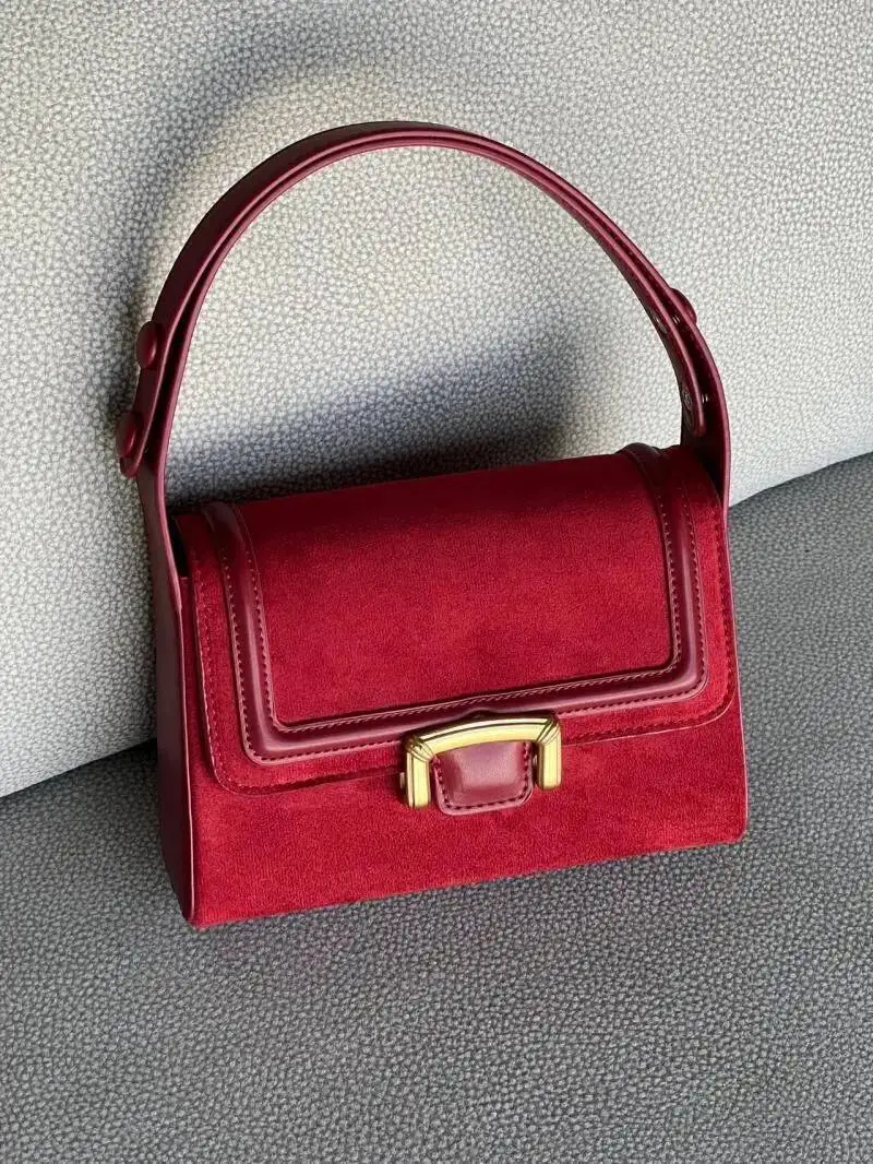 Bloom Vintage Red Shoulder Square Bag Women Retro Autumn Veet Chic Handle Handbag Female Elegant Versatile Purse 2024 New