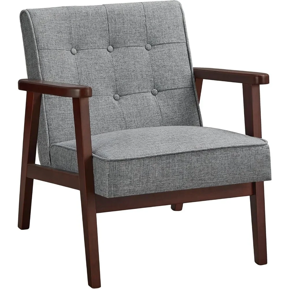 Leisure Chair, Mid-Century Modern Arm Chair with Solid Wood Armrests and Legs, 1-Seat Cushioned Sofa for Living Room Bedroom