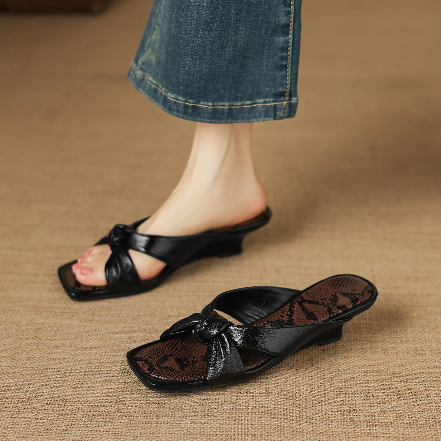 2026 new summer women sandals natural leather 22-25cm sheepskin+microfiber cross-tied mules high heel women slippers fashion