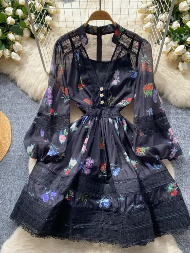 French Retro Women Black White Print Lace Patchwork Elegant Slim Long Sleeve Short Dress And Slip Dresses New Spring Autumn Boho