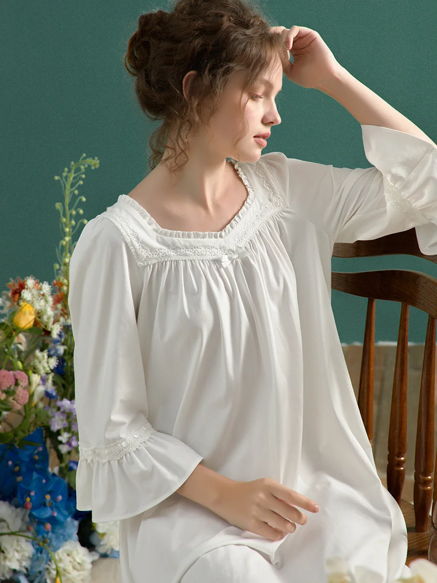 Vintage Soft Cotton Long Nightgowns For Women Spring Summer Three Quarter Elegant Sleeepwear Pregnant Night Dress Plus Size