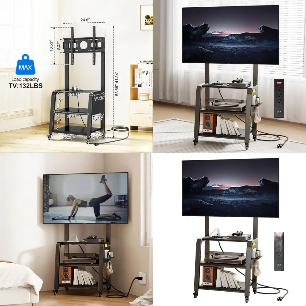 

Регулируемая передвижная подставка для телевизоров 37-75 дюймов (до 132 фунтов) с 3-уровневым хранилищем и перфорированной панелью