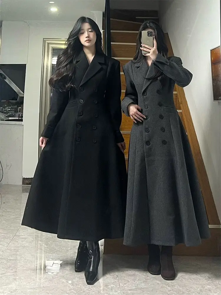 

Ele Double-Breasted Hepburn Sle Long Coat Women's Winter Faion Knee-Length Woolen Outerwear Busin Casual Pure Color