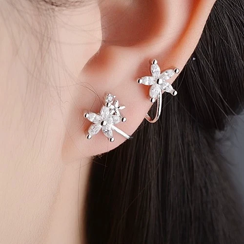 Cute Stars White Zircon Flower Clip Earrings For Women Rose Gold Silver Color Non-piercing Ear Clips Wedding Jewelry Mother Gift