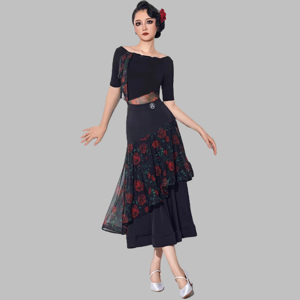 ممارسة الملابس القياسية الرقص المنافسة دعوى تنورة قاعة الرقص ارتفع Crewneck المرأة المرحلة الكل في واحد دعوى منتصف الأكمام الفالس