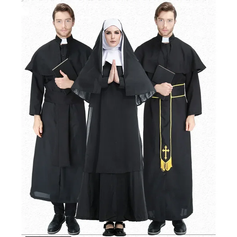 

Adult Black Priest Long Robe With Cape Suit Costumes Cosplay For Man Abbe Halloween Easter Party Cosplay