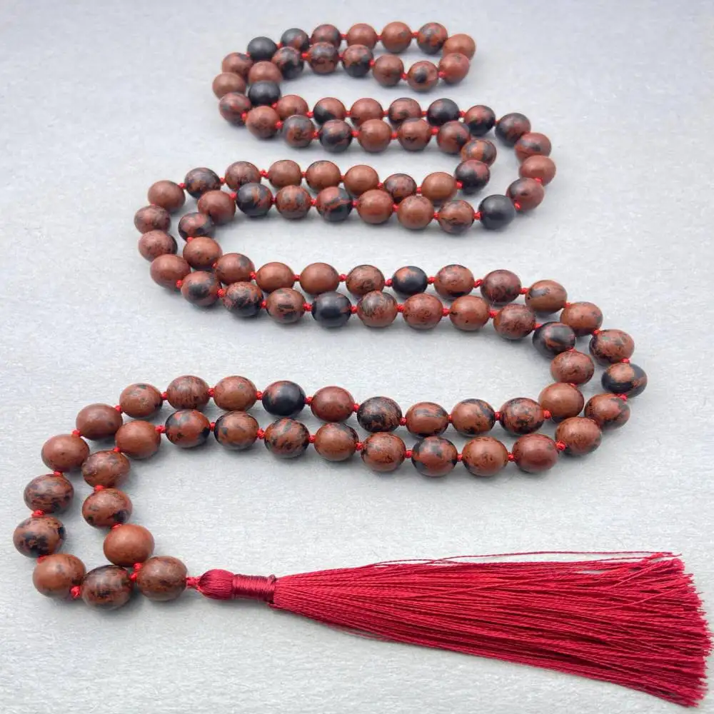 

Natural Dragon Eye Bodhi Seed & Black Onyx 108 Mala Beads Necklace with Red Tassel Grounding Spiritual Jewelry