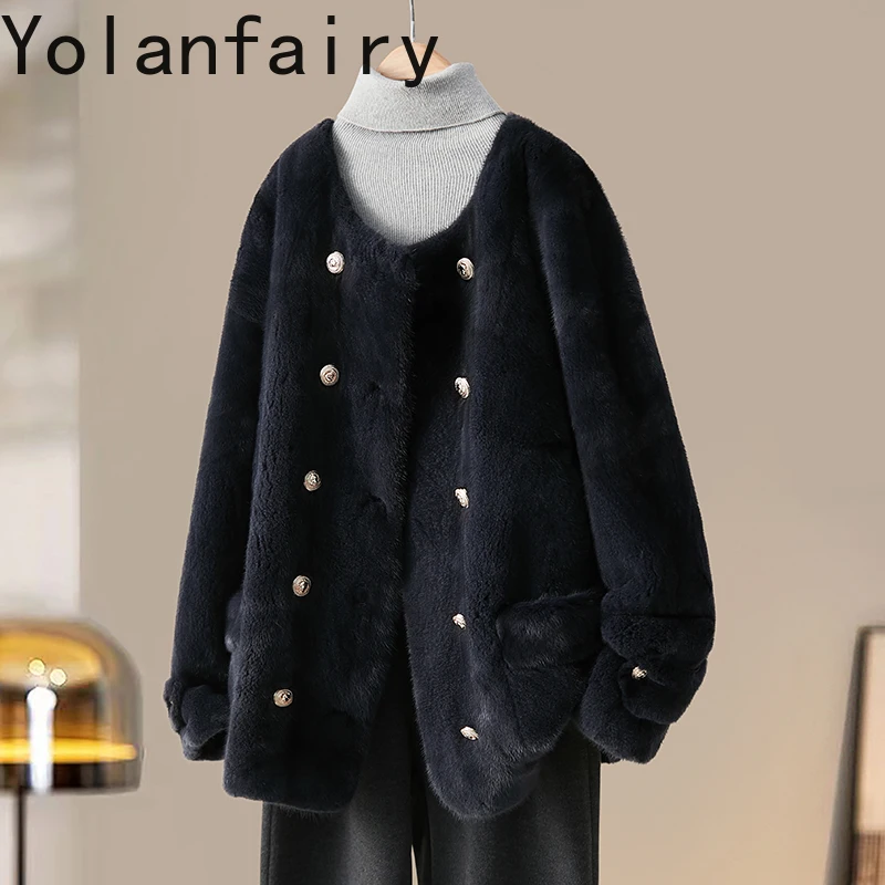 YOLANFAIRY Jesienno-Zimowe Kurtki z Naturalnego Futra Norki dla Kobiet, Luźny Krój, Okrągły Dekolt, Modne Okrycia Wierzchnie z Naturalnego Futra, Płaszcze Futrzane 2025