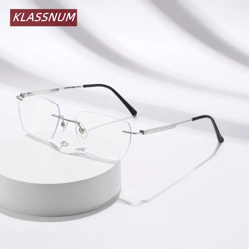 KLASSNUM Rimless Square Photochromic Blue Light Blocking Glasses Ultralight Pure Titanium Myopia Eyewear Men Women Eyeglasses