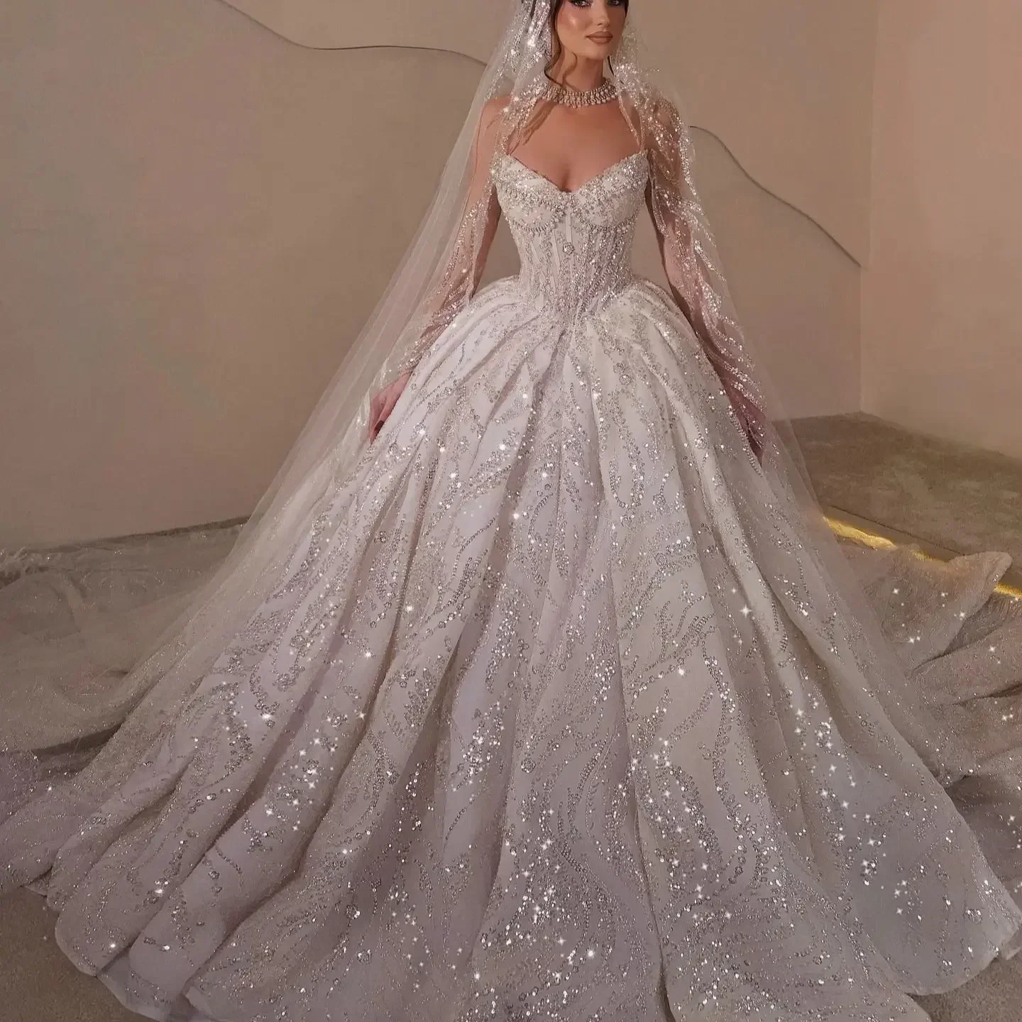 Customized Luxury Sweetheart Sleeveless A-line Wedding Dresses Sequined Sparkly Bridal Gown Sweep Train 2026 Vestido De Noiva