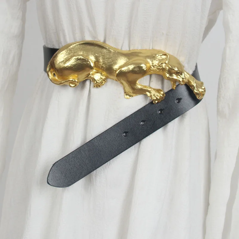 Heavy Metal Three-dimensional Gold Leopard Buckle Leather Belts Skirt Jacket Waistband Versatile Girdle Women Fashion Wide Belt
