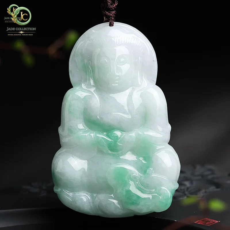 Myanmar Grade A Jadeite Ice Floating Green Jade Guanyin Bodhisattva Pendant Necklace Men Women Burma Jade Lucky Charms Amulets