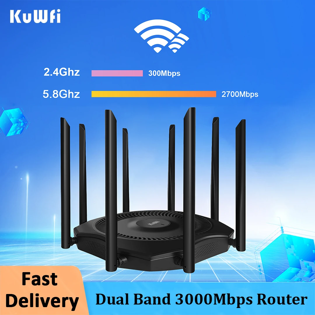 

KuWFi Dual Band Wireless Router 3000Mbps Wifi Range Repeater with 8*5dBi High Gain Antennas WPA3 Security Wider Coverage