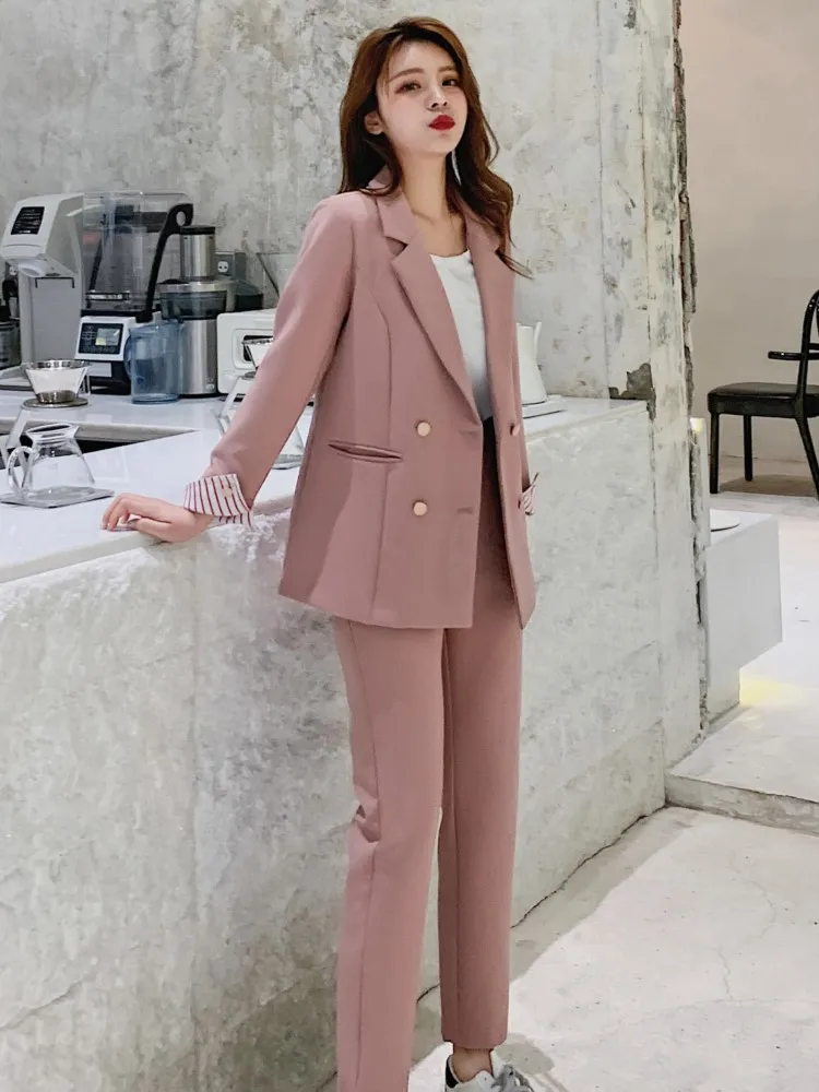 Womens 2 Piece Korean Style Fashion Formal Pant Suit Set Office Ladies Stylish Commuter Business Workwear Blazer Jacket Trousers