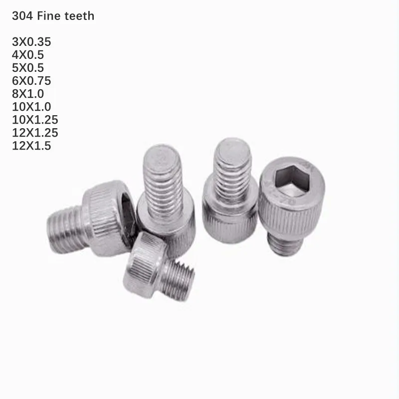 1-10PCS 3DIN912 304 Steel  Allen Bolt M6 M8 M10 M12 Pitch 0.75 1 1.25 1.5mm Stainless Steel Hexagon Socket Fine Thread Screw
