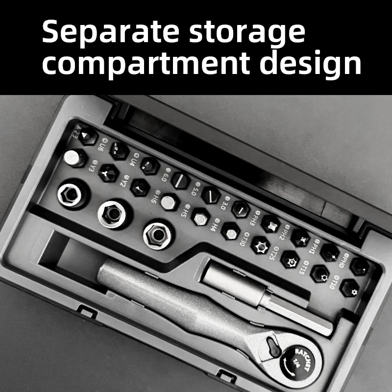 25-in-1 handmatige ratelschroevendraaierset, handgreep van aluminiumlegering, schroevendraaierbits van chroom-vanadiumstaal, voor thuis- en werkgebruik