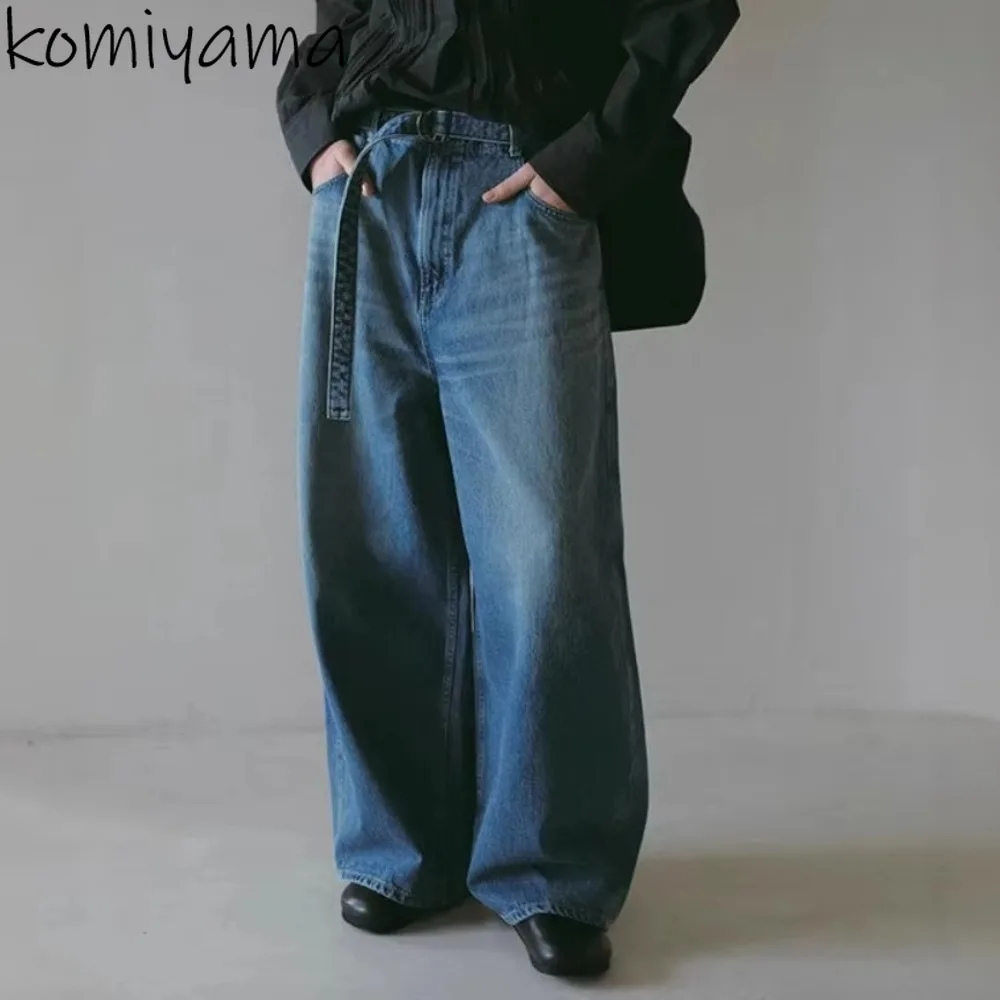 

Straight Wide Leg Pants Japan Belt Denim Ropa De Mujer New Casual Loose Pockets Pantalones Pant Contrast Color Woman Clothing