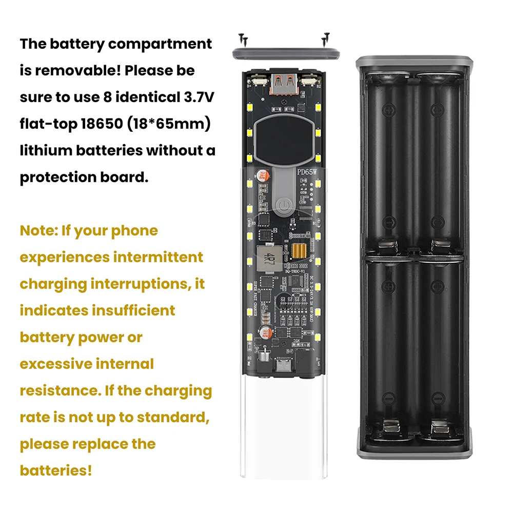PD 65W 45W Superschnelles Laden Transparentes Powerbank-Gehäuse Lötfreie 8-Zellen 18650 Batteriebox DC-Spannung Einstellbar – Detail 14