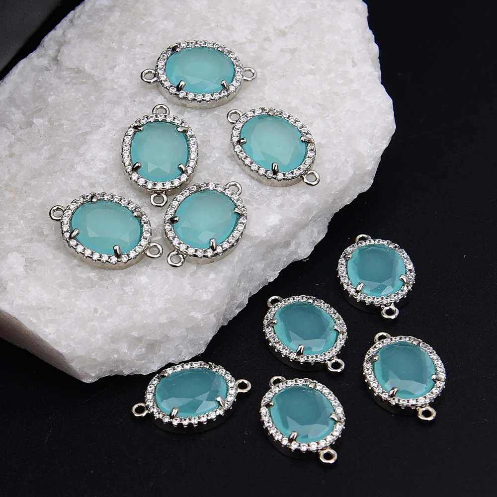 APDGG 10 Pcs Natural Lake Blue Cat eye Stone Cz Sliver Color Connector Charms Pendant Jewelry DIY view 6