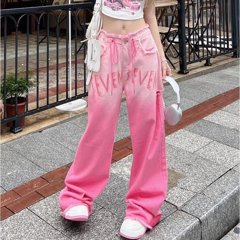 

Women High Waist Pants Fashion Letter Pink Gradient Straight Pants for Women Loose Wide Leg Pants Women Jeans Female Clothes Y2K