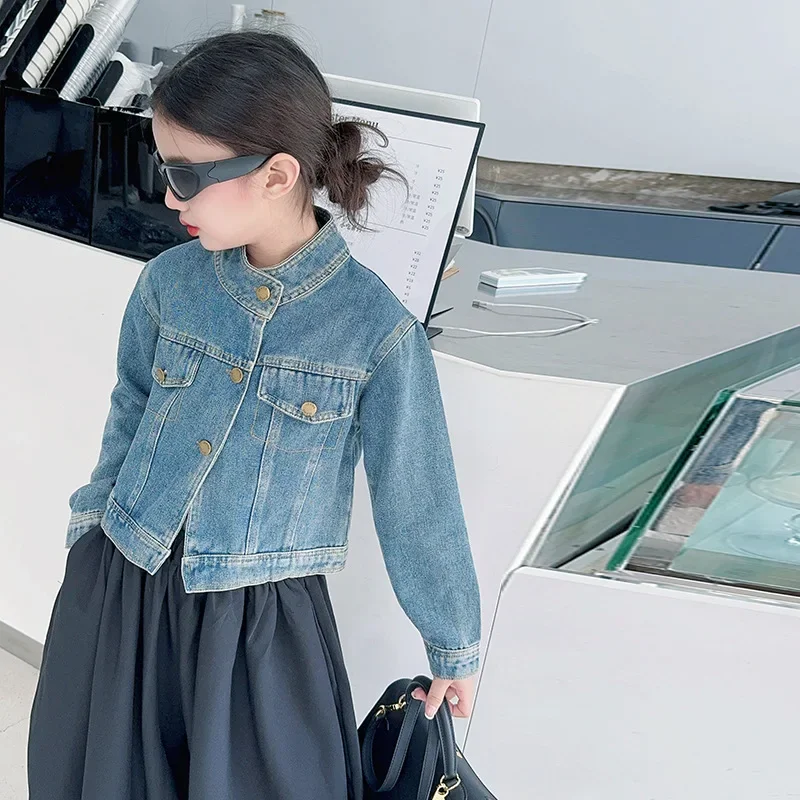 Girls Coat 2024 Autumn New Childrens Clothing Foreign Style Retro Short Standing Collar Washed Denim Coat Casual Simple image 4