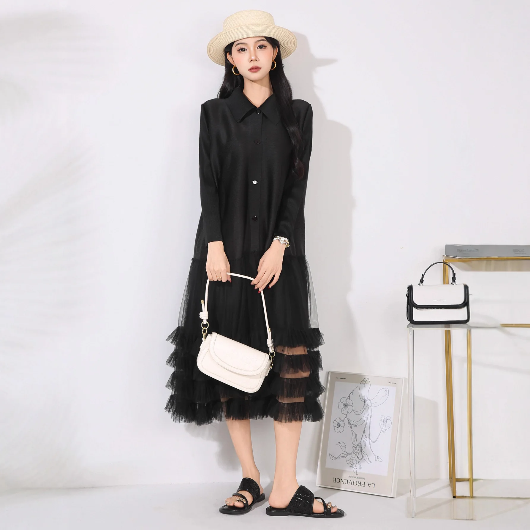 

Miyake Loose Age Reduction Loose Dress Women's Fashion Lapel Single-breasted Splicing Solid Color Long Cardigan Skirt 2025 New