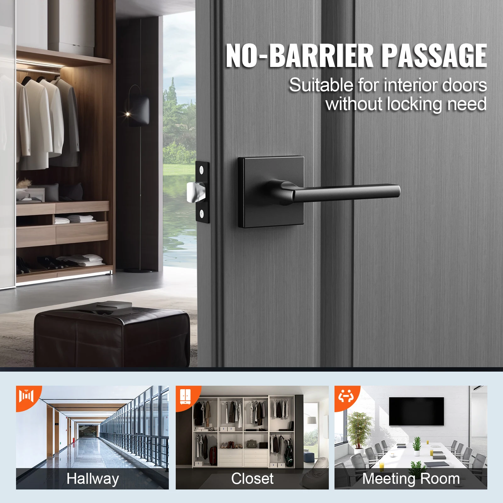SucceBuy Passage Privacy Door Handle Matte Black Door Lever Left or Right Handing Reversible Lever Square Interior Door Handles