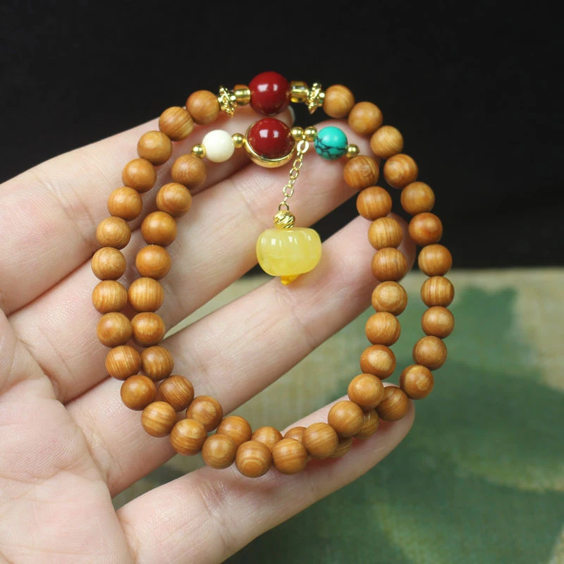 Aged cypress wood 6mm double-loop bracelet with pumpkin pendant, unisex craft accessory