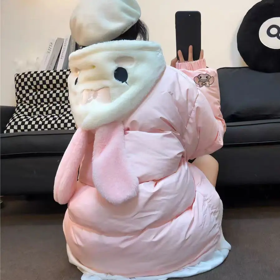 

Cute My Melody Embroidered Cotton Padded Hooded Jackets for Women Winter Pompom Purins Down Coat Thick Loose Couple Clothes Warm