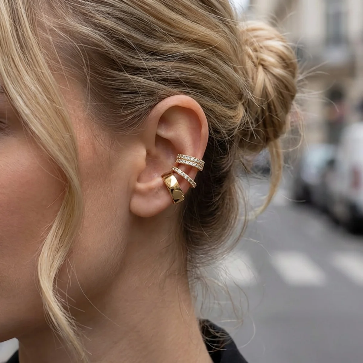 Conjunto de 3 peças de brincos em formato de C com strass incrustados para mulheres e homens, joias geométricas da moda, brincos de pressão sem furo, presentes para festas.
