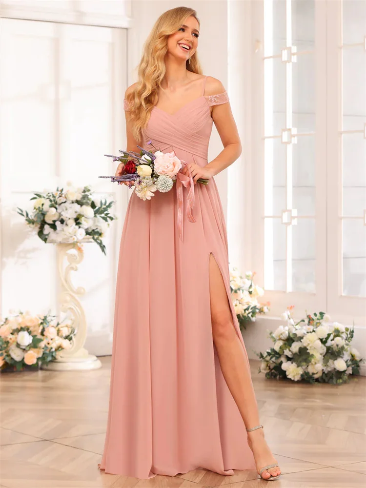 

New Arrival Off Shoulder V Neckline Chiffon A-Line Bridesmaid Dress Elegant Open Back Zipper Split Side Gowns For Wedding Guests
