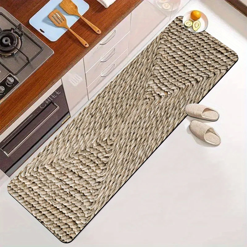 3D Woven Rattan Print Kitchen Mat, Non-Slip Oil-Proof Waterproof Stain Resistant Long Floor Rug for Boho Kitchen Home Decor