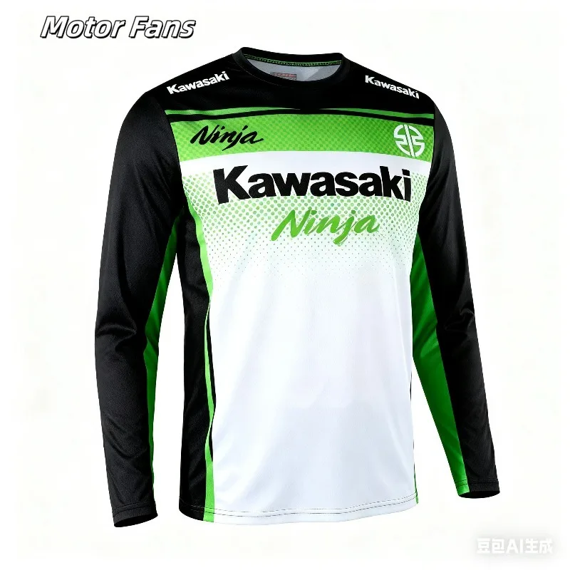 

Moto Fans Kawasaki Long - Sleeve Jersey, featuring the iconic Kawasaki logo and stylish green-black-white design, quick drying