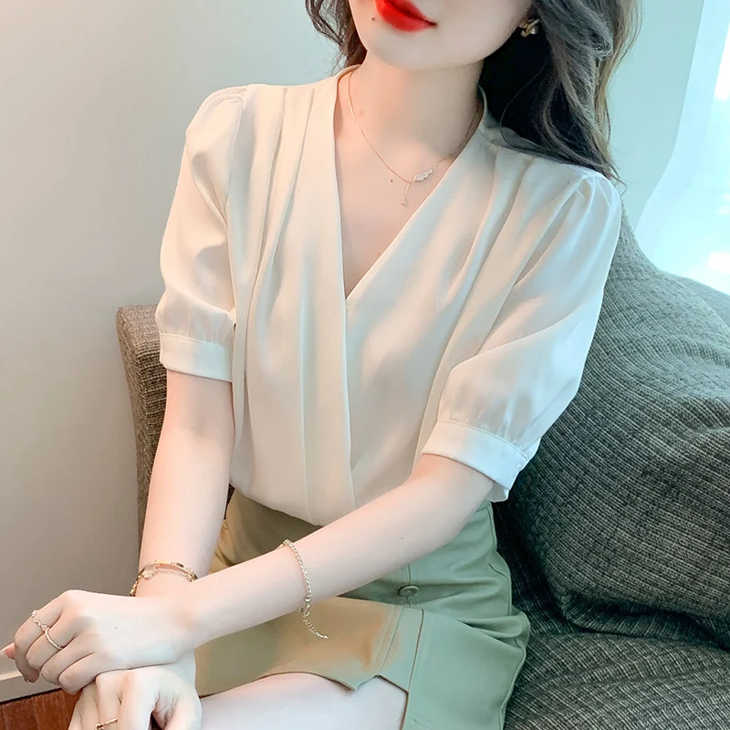 

Office Lady Elegant V-neck Short Sleeve Blouse Women Fashion White Satin Summer Shirt 2022 Summer Female Chic Blouses