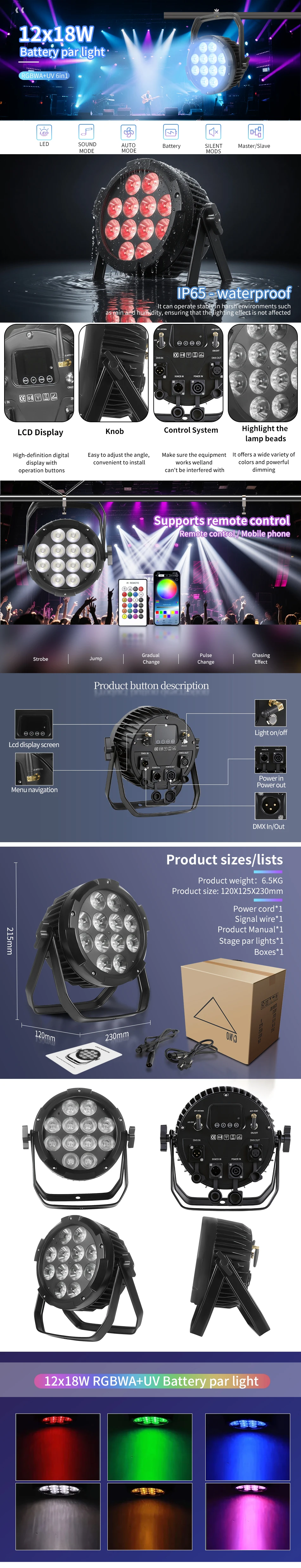 aicpose 4 Stück 12x18W RGBWAUV 6in1 Wasserdichtes Batterie-PAR-Licht Drahtlose Fernbedienung APP-Steuerung DMX Bühne Disco Event Hochzeit Party – Detail 1