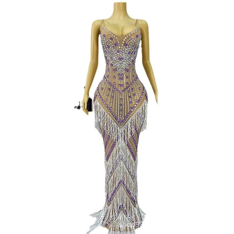 Sexy Suspender Low Cut Fringed Drape Dress Adult Model Catwalk Trendy Clothes Company Annual Meeting Evening Dress Show Costumes