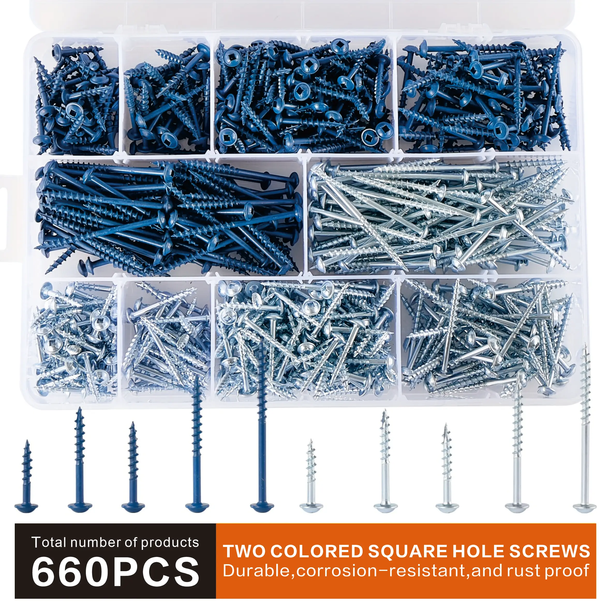 660 براغي جيب، براغي جيب بفتحة مربعة مطلية باللون الأزرق/الفضي. 5 المقاسات: #   8 × 1 "، 1-1/4"، 1-2/3"، 2"، 2-1/2"