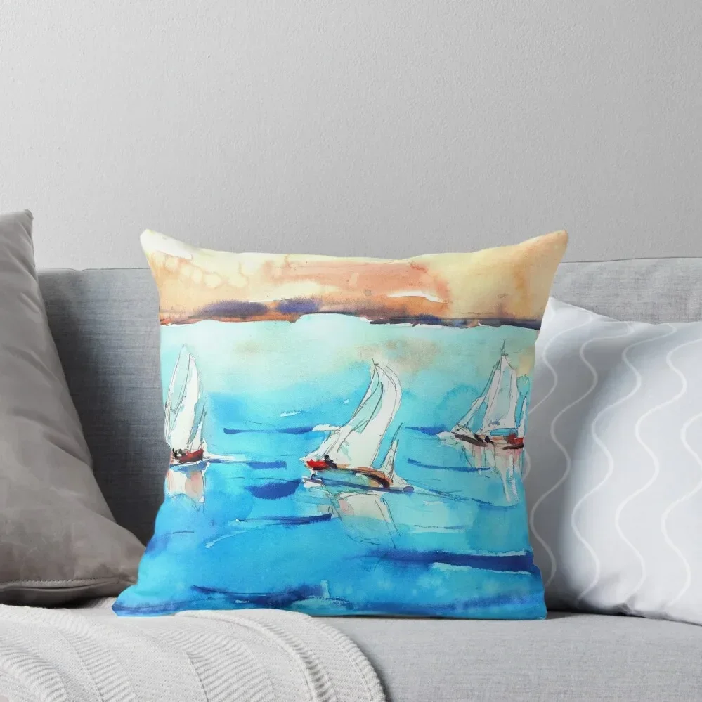 Salcombe Bay Sailing - Modern wall decor - Sailing boats reflections - Turquoise blue sea White sails Regatta Devon Throw Pillow